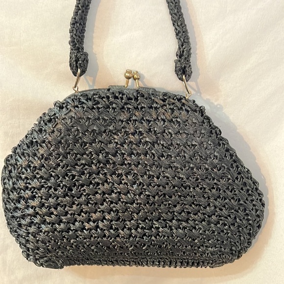 Vintage Elegant Black Straw Celephane Woven Handbag 1950s Made in Japan - Picture 2 of 5